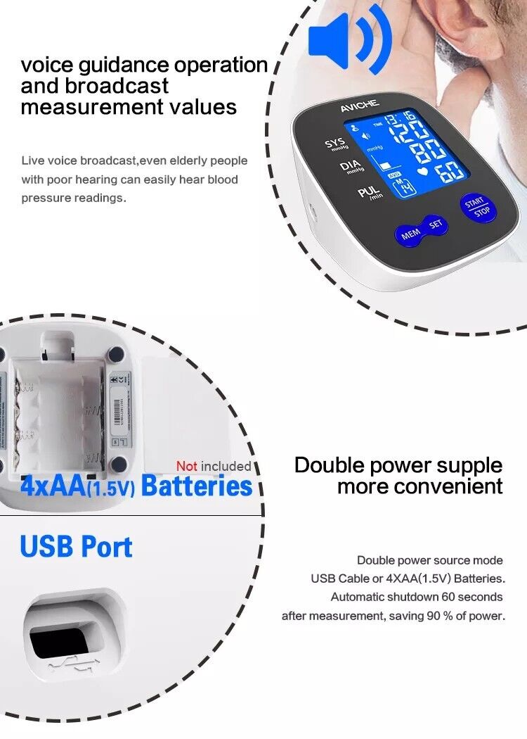 AVICHE Automatic Digital Arm Blood Pressure Monitor | Large Backlight LCD  Display | Talking Pulse Rate 22-42cm BP Cuff Machine | Include Plug